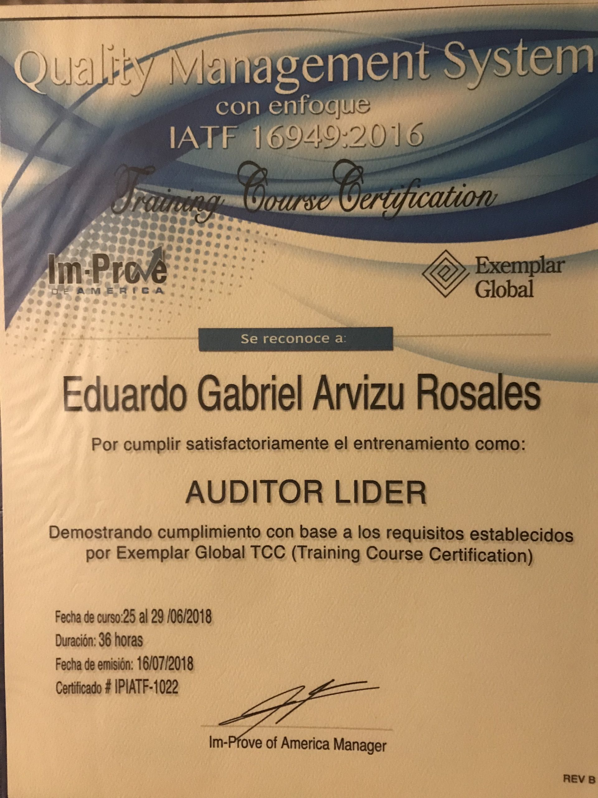 Auditor Lider en ISO IATF - 16949-2016